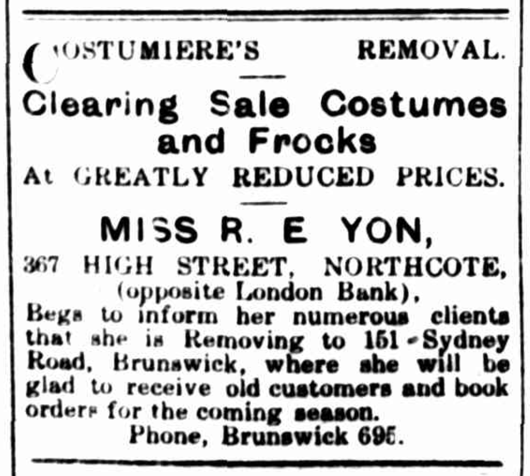 Newspaper advertisement advertising the relocation of Miss R. E. Yon's shop