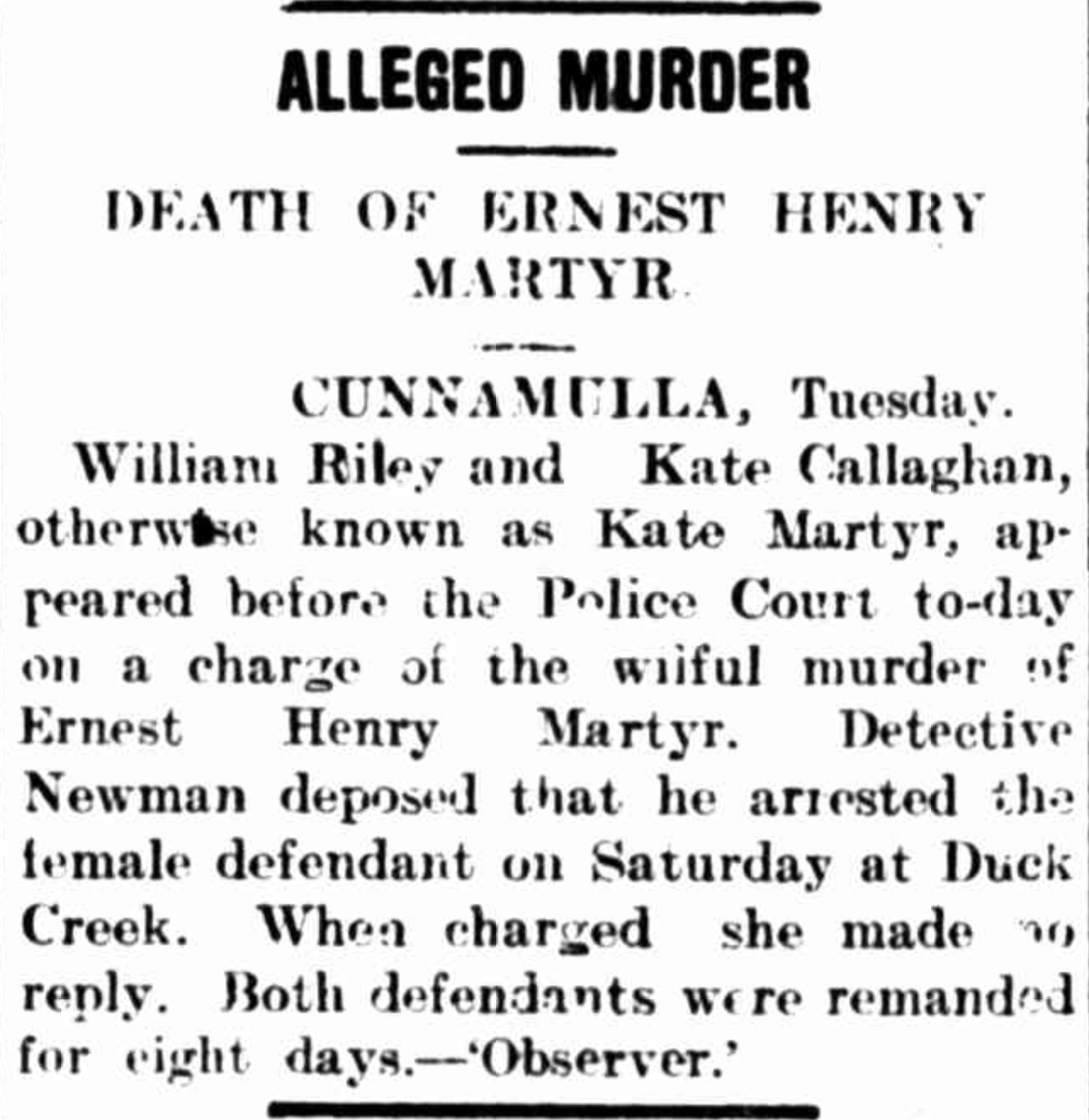 Newspaper article with the title Alleged Murder