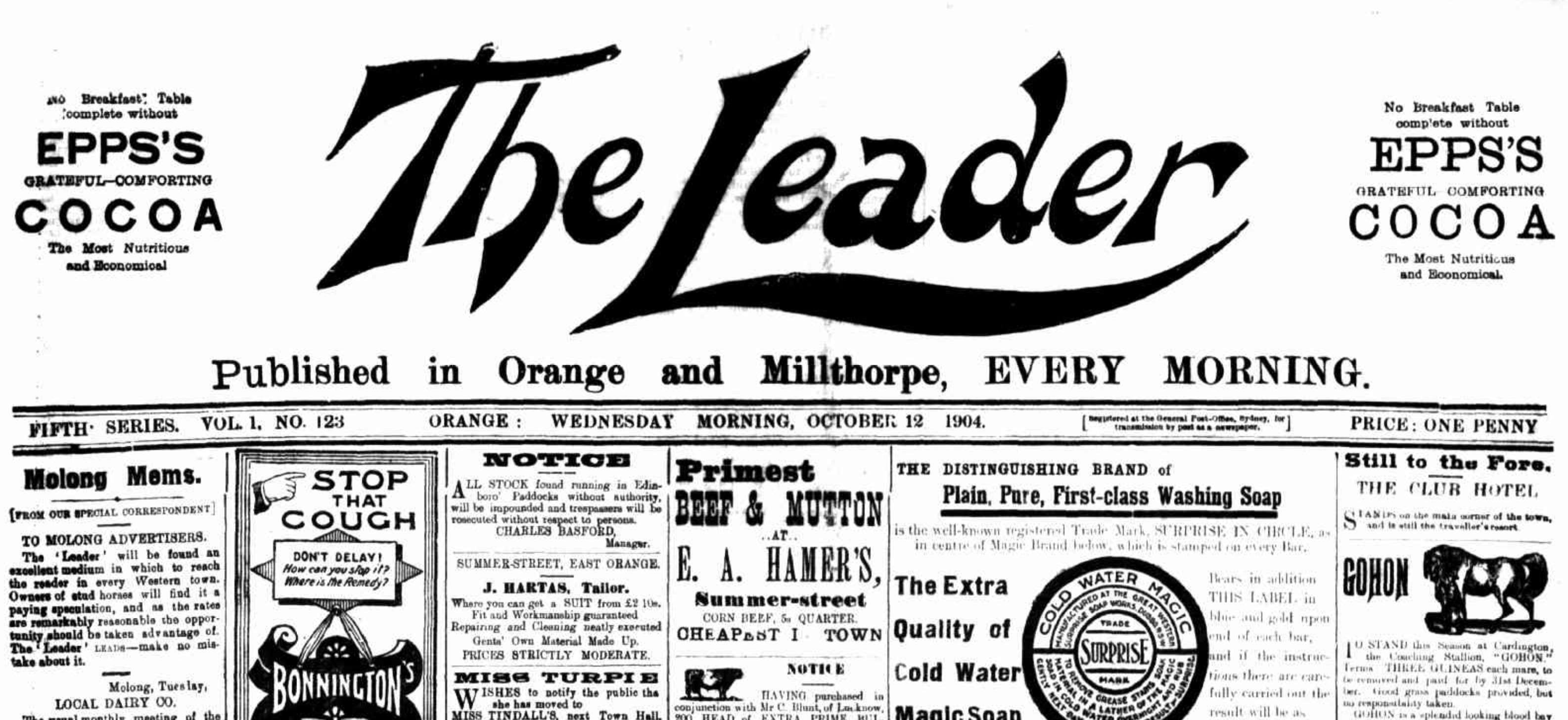 Front page of The Leader newspaper showing masthead and top articles