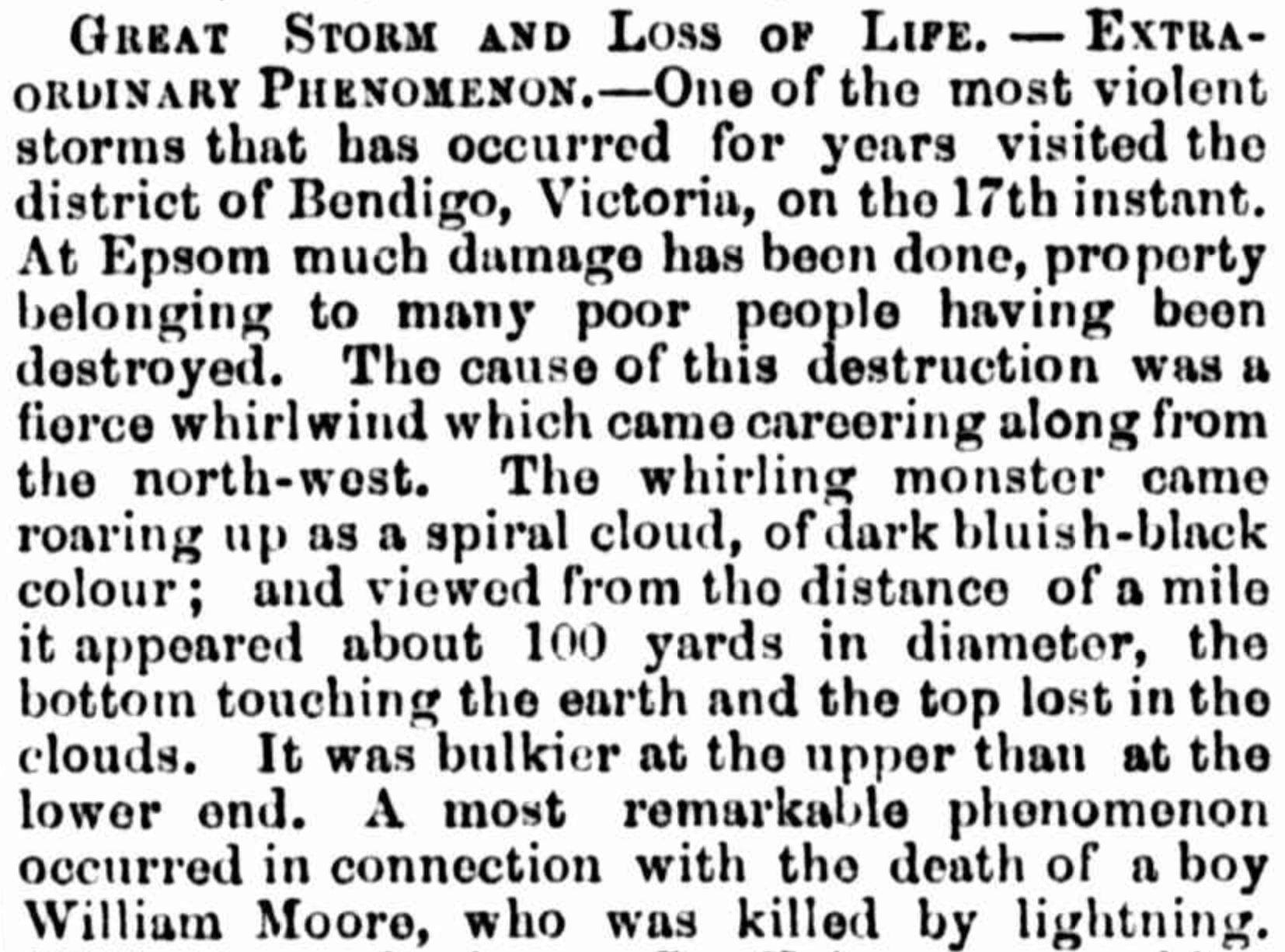 Newspaper article with the title Great Storm and Loss of Life - EXTRAORDINARY PHENOMENON