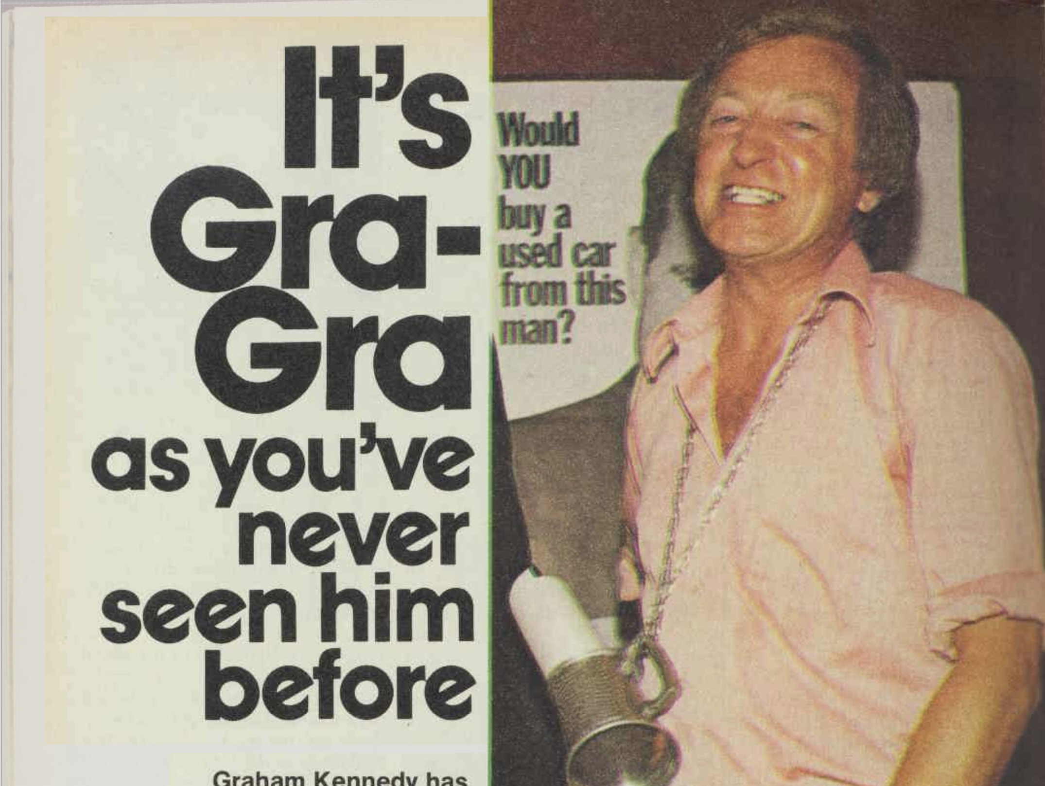 A man wears a thick silver chain; newspaper type reads 'It's Gra-Gra as you've never seen him before'