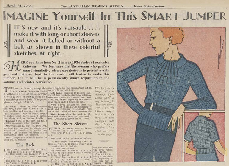 detail of article with knitting pattern and illustration of women wearing the knitted jumper