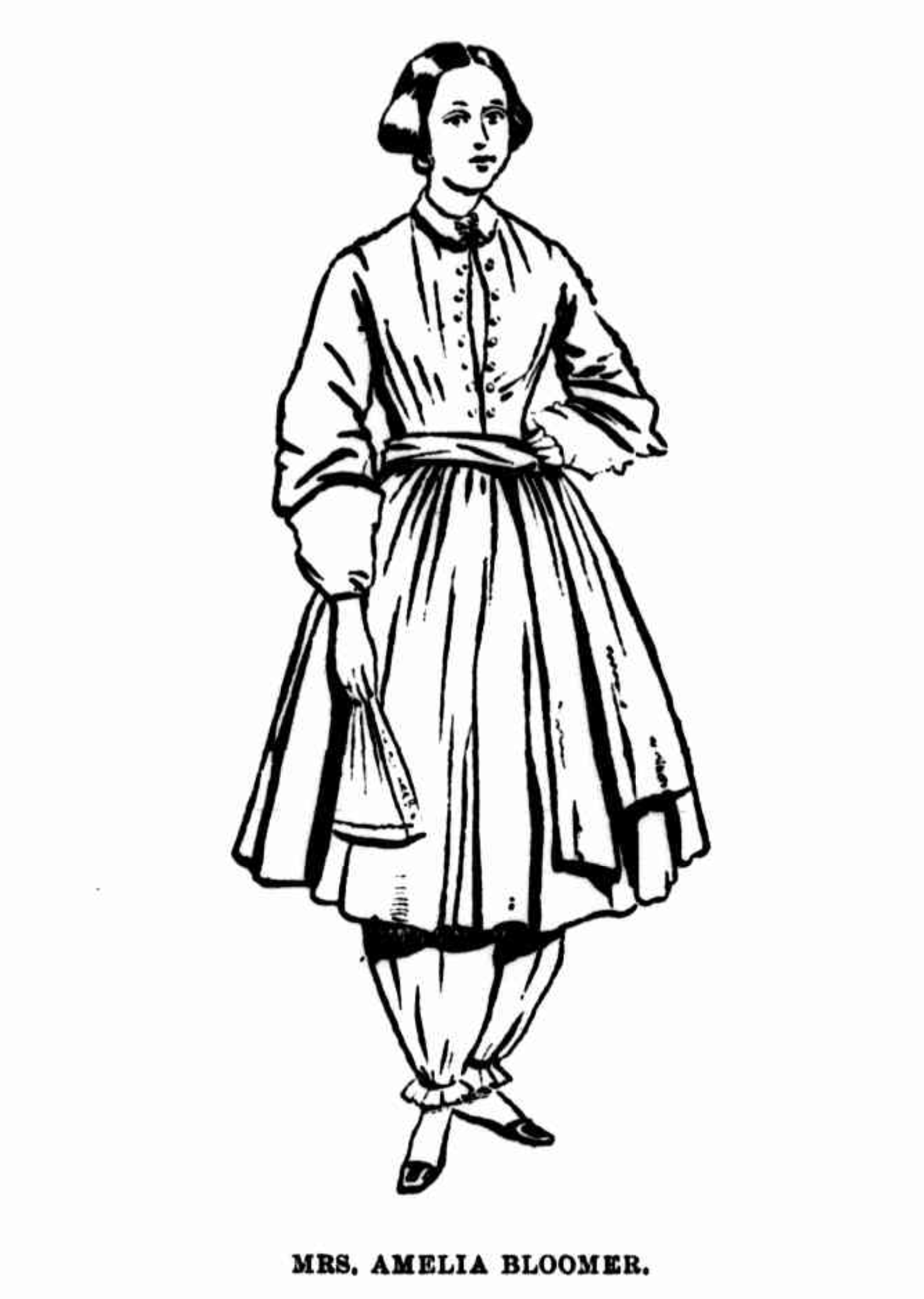 Illustration of Mrs Amelia Bloomer wearing the Bloomer costume