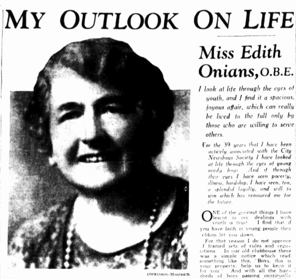 newspaper clipping about Miss Edith Onians with a photo of her
