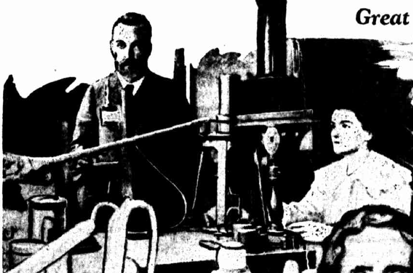 A black and white photo from a newspaper article of Pierre and Marie Curie in their laboratory.