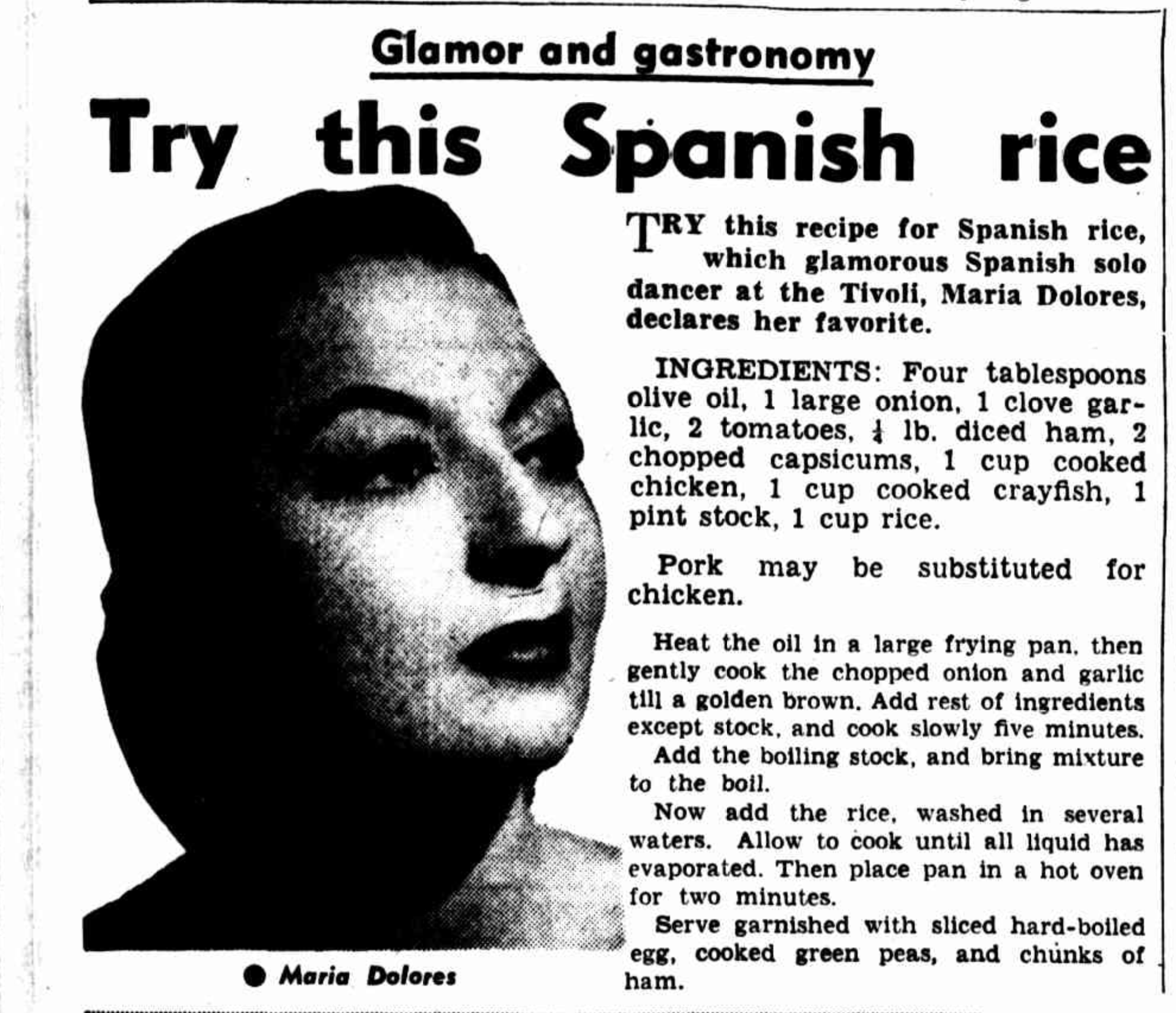 A newspaper article under Glamor and gastronomy for Spanish rice. 