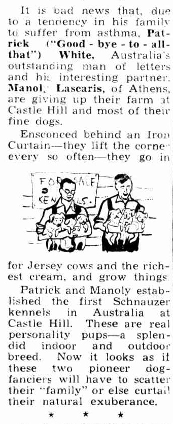 A newspaper article on Patrick and Manoly opening the first Schnauzer kennel in Australia.