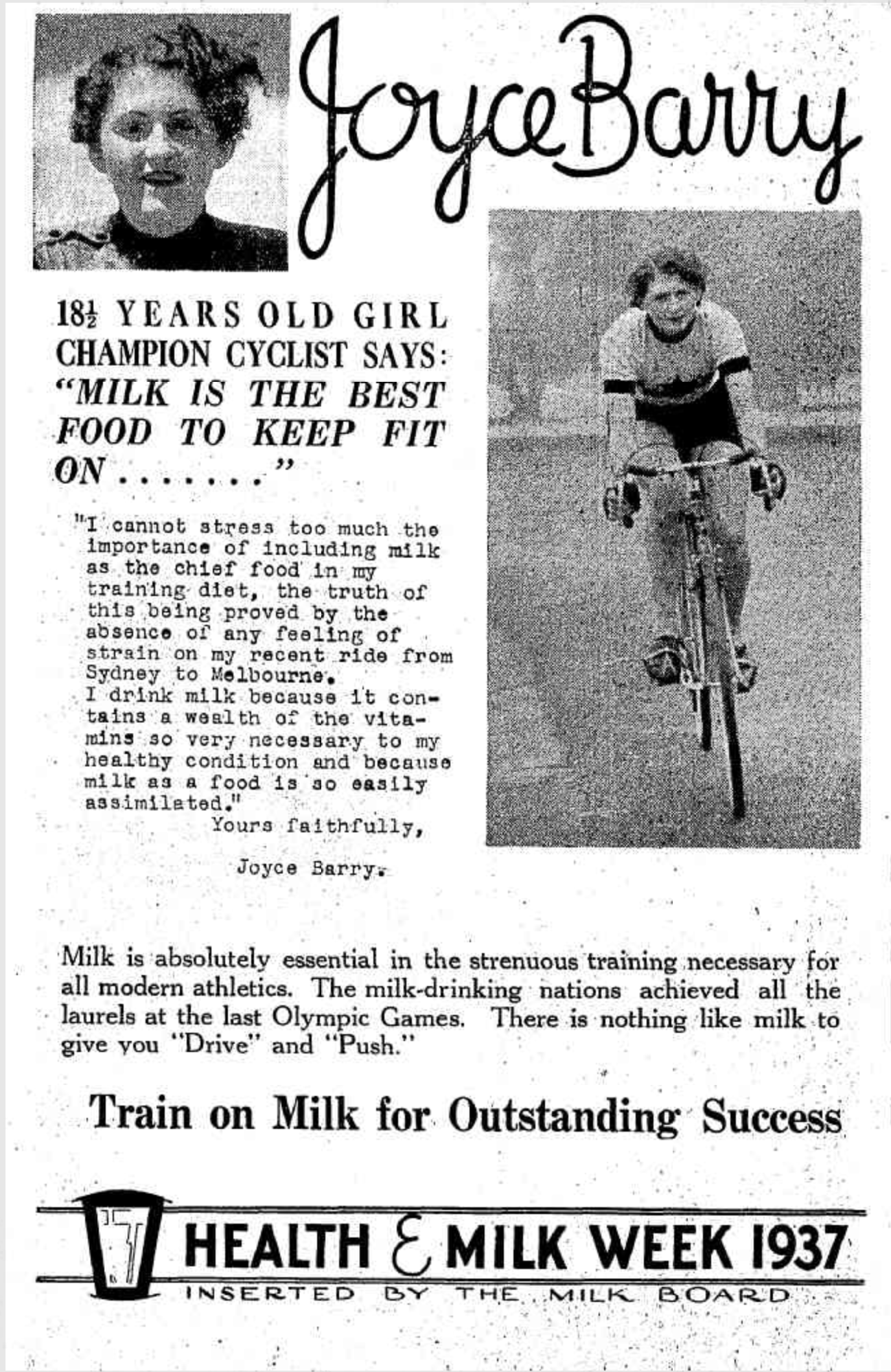 An advertisement for the 1937 Health & Milk Week featuring Joyce Barry and her cycling career.