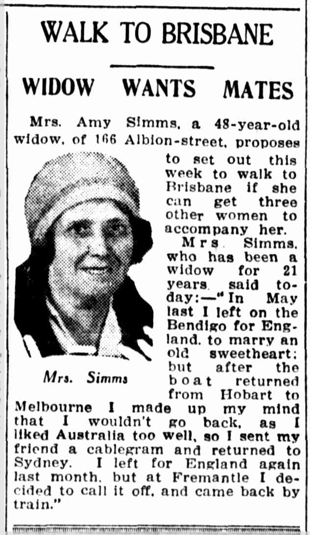 A newspaper article titled 'Widow wants mates.' There is a picture of Amy Simms. 