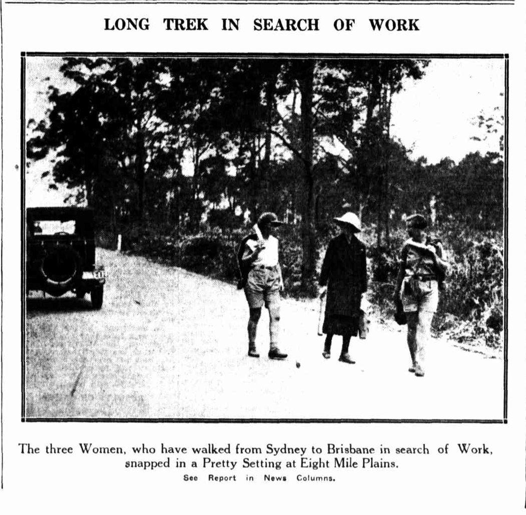 A newspaper clipping with the heading 'Long trek in search of work.' There is a photo of the three women walking along a gravel road in Eight Mile Plains. 
