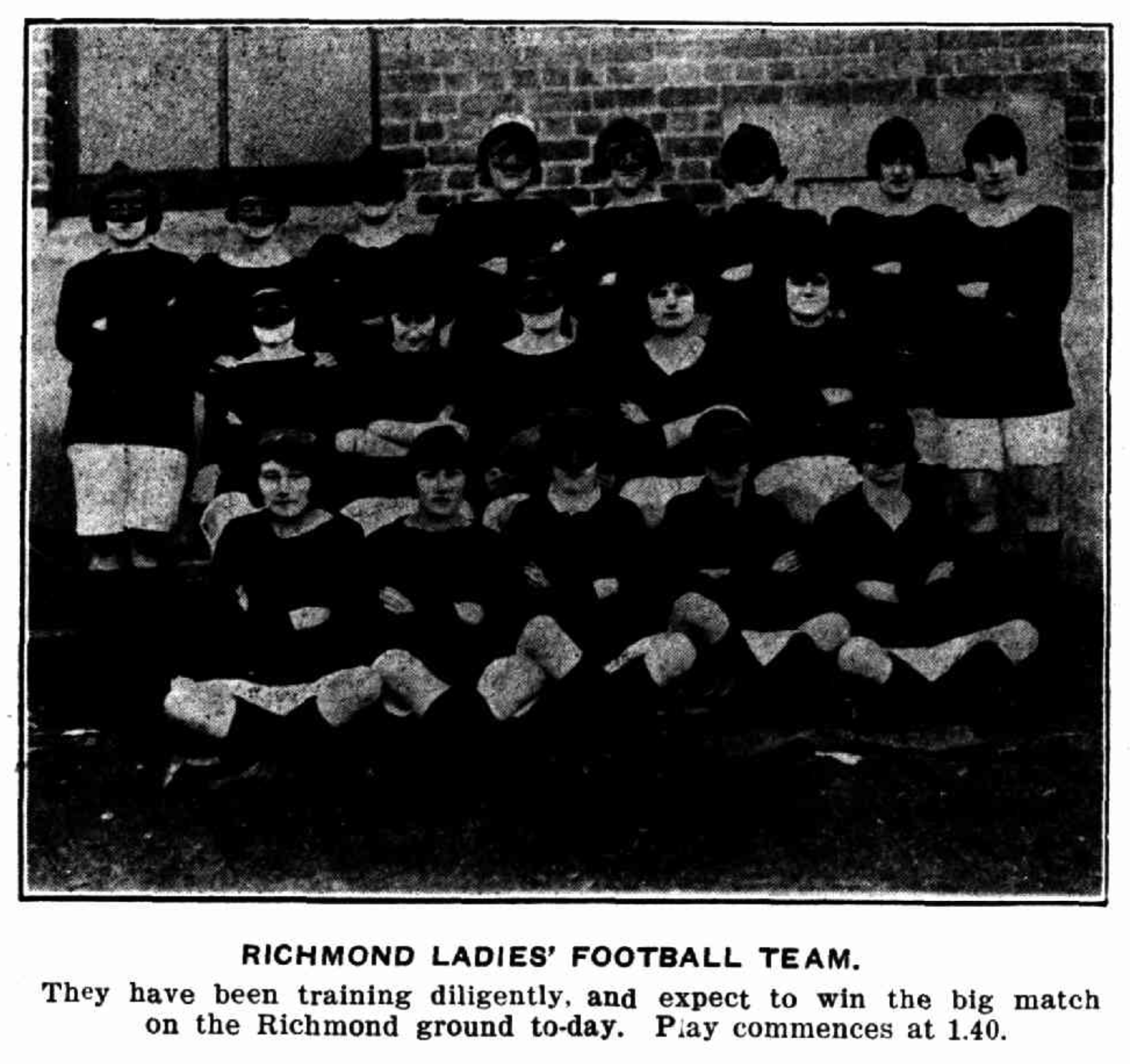 newspaper photo of the Richmond women's football team. The women are dressed in a costume including masks and knee-high socks.