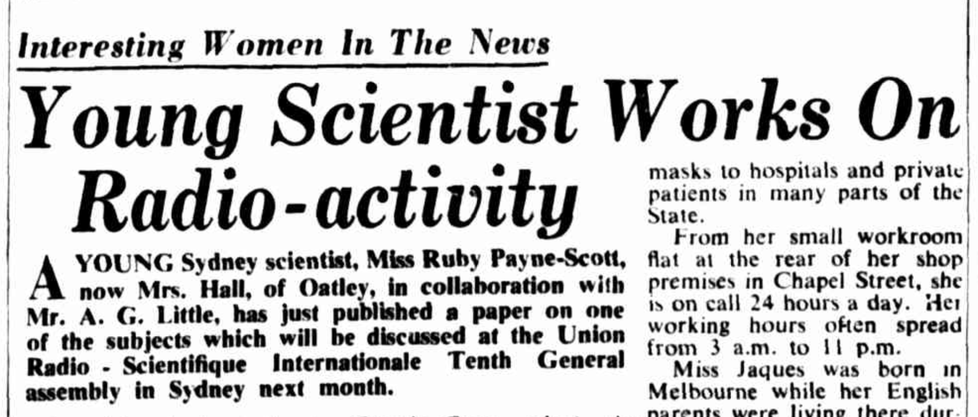 newspaper clipping with the headline 'Young scientist works on radio activity'