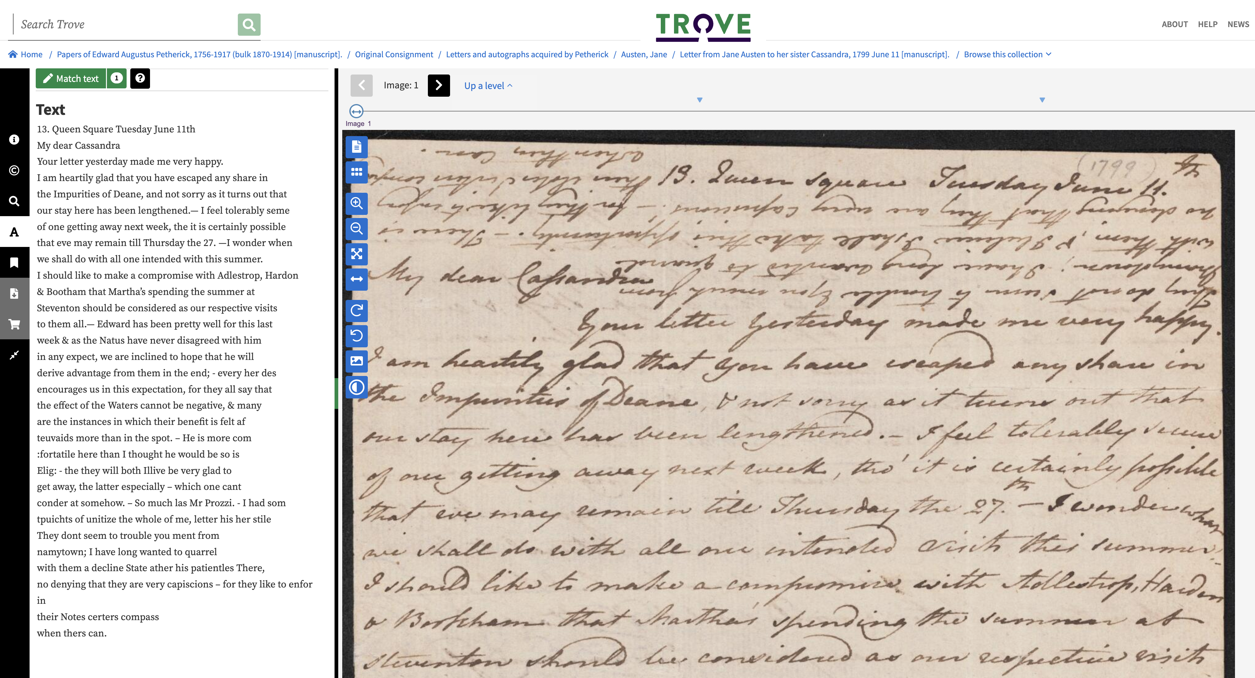 screenshot showing Jane Austen's letter in Trove with a transcript next to it