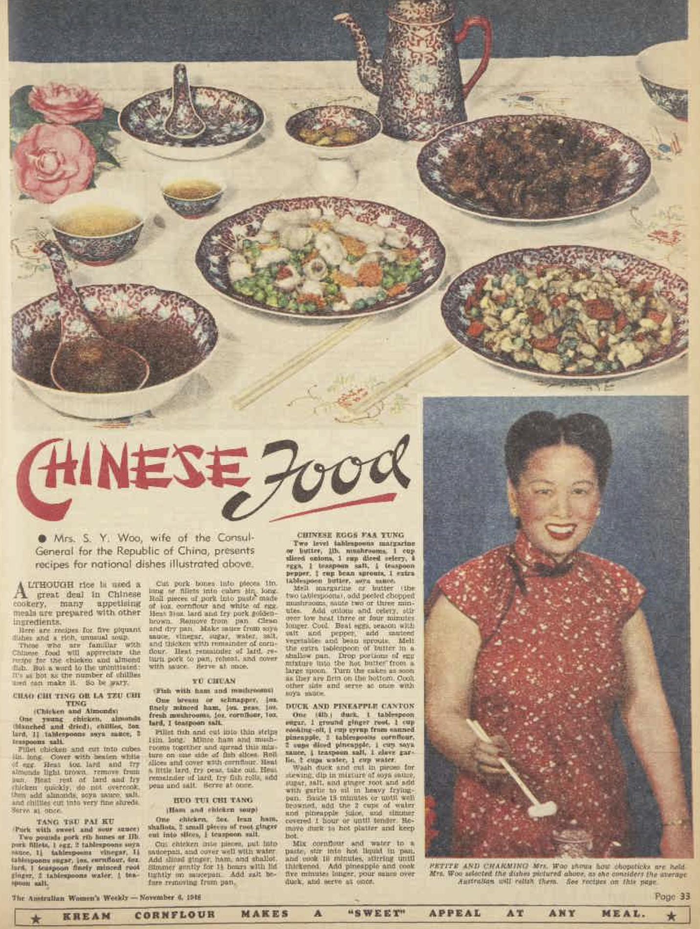 magazine spread with chinese food dishes, a portrait of Mrs Woo and the recipes