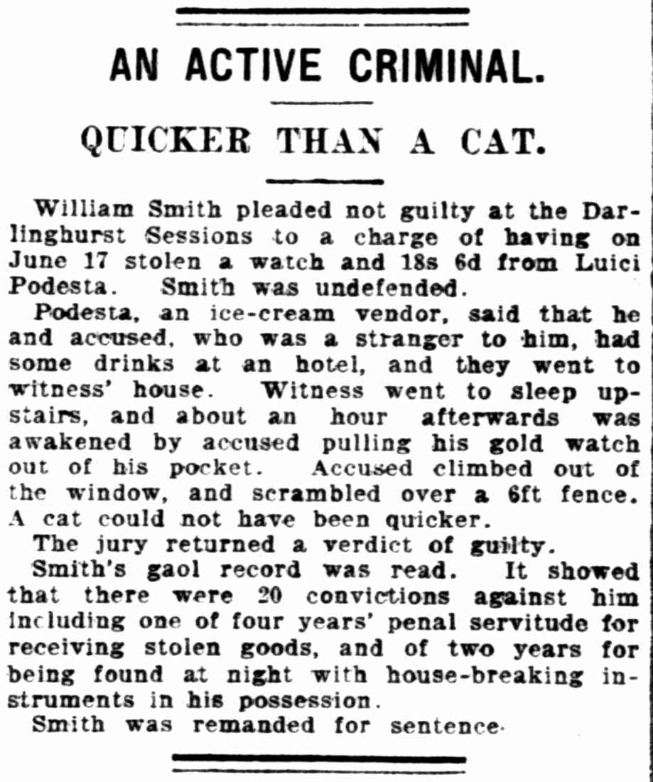 An article on a criminal dubbed 'quicker than a cat.' He is alleged to have stolen a watch and money from a Luici Podesta.