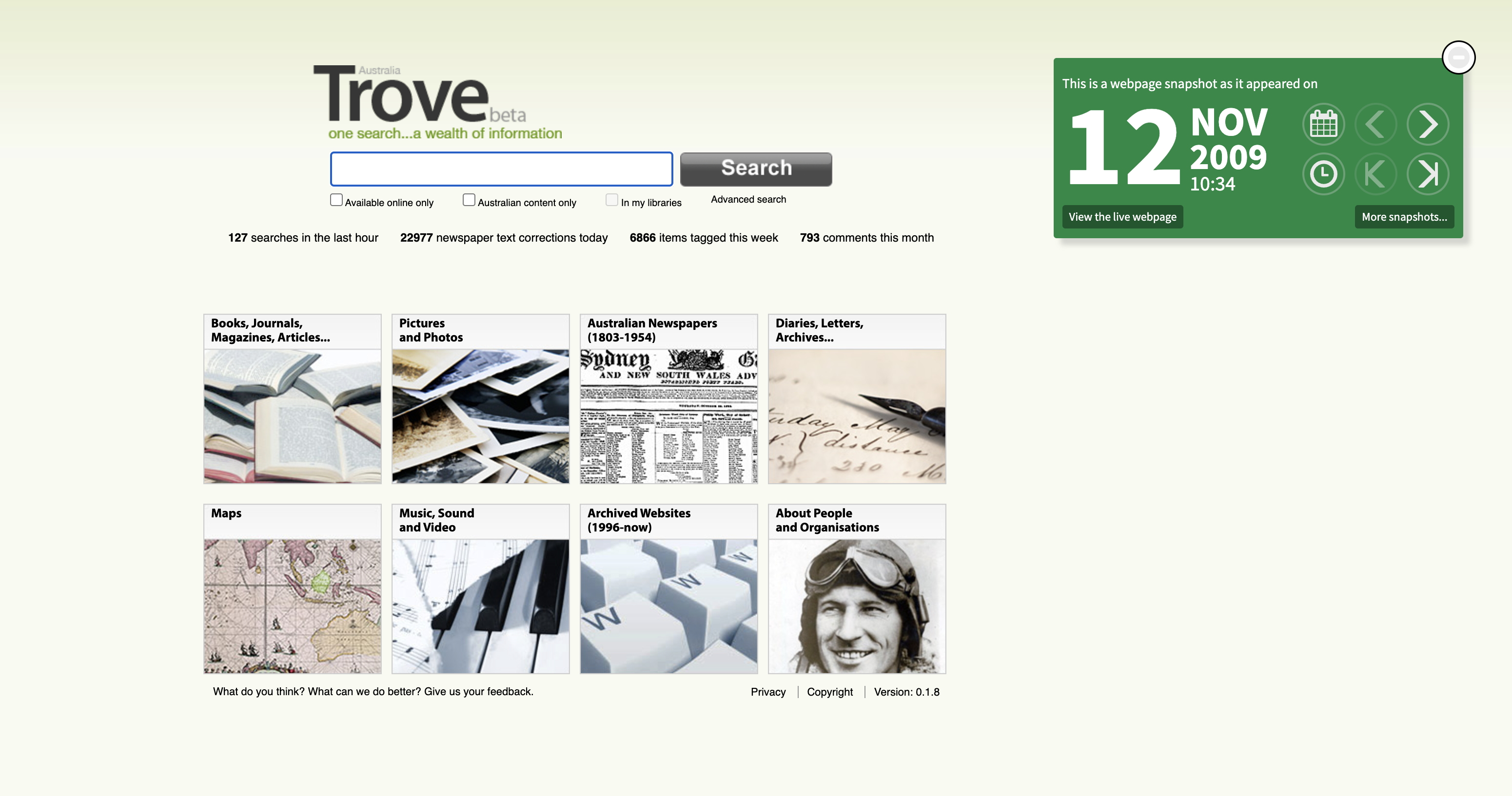 The first snapshot of Trove from 12 November 2009