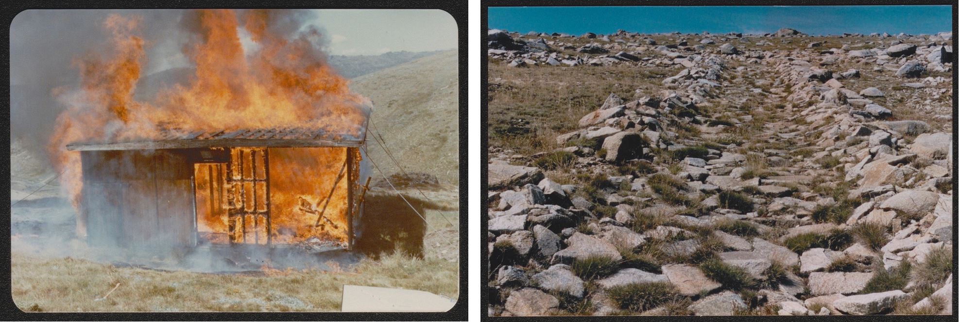 Two images side by side, one of a small hut on fire and the other of a small path of stones.