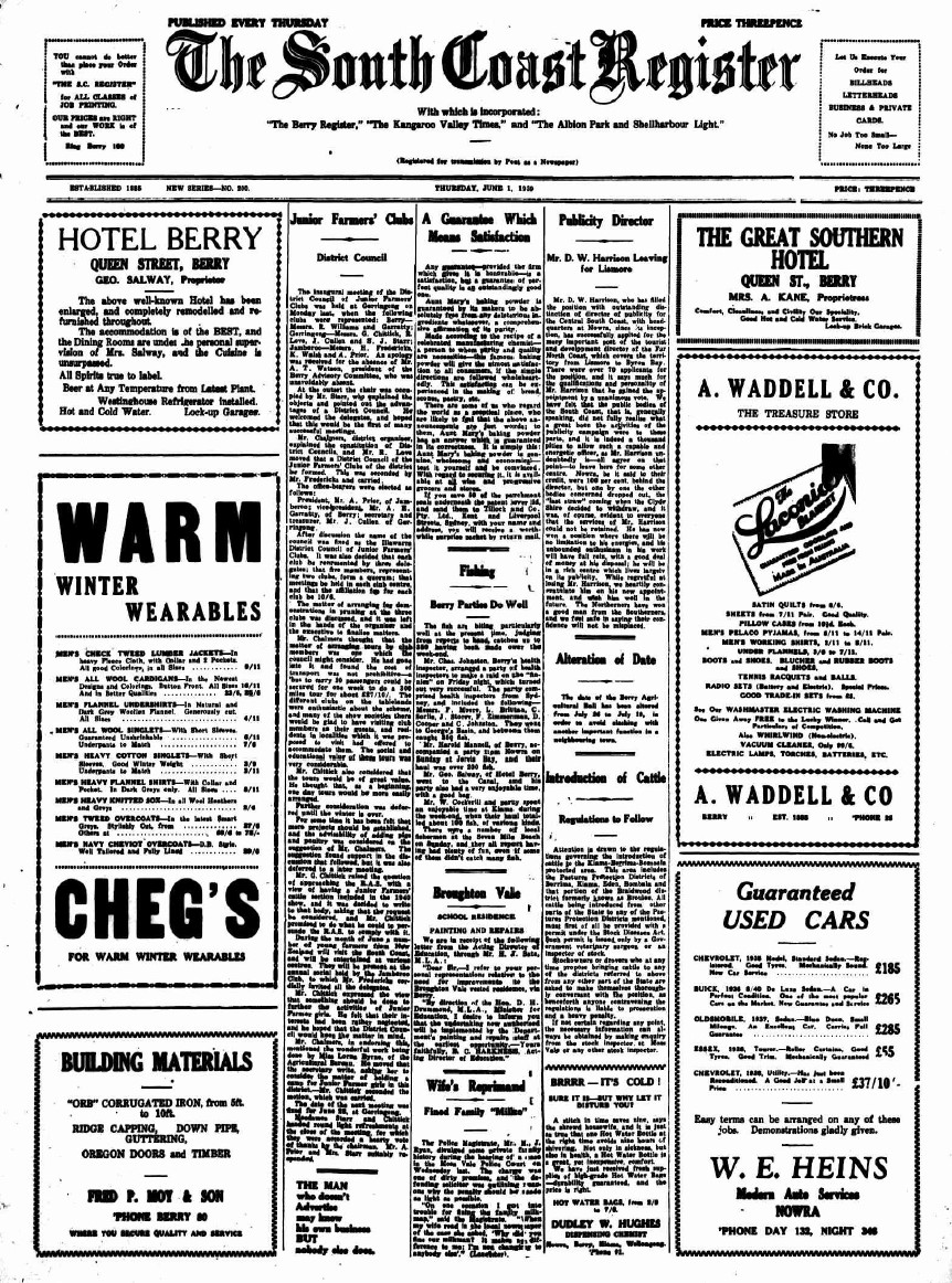 Front page of the South Coast Register on Thursday, June 1st, 1939