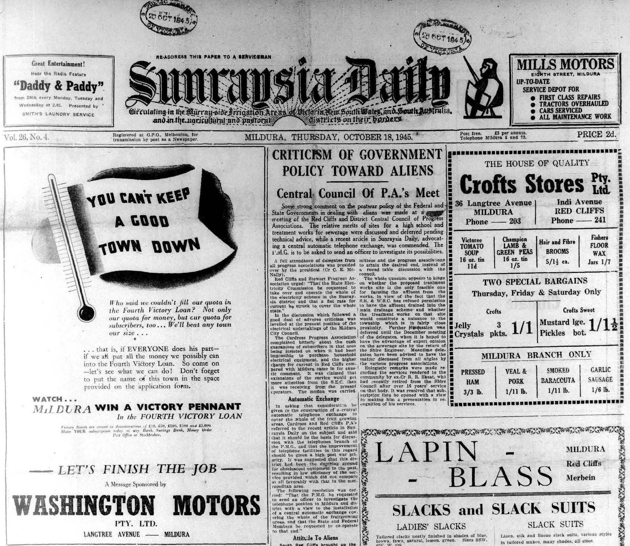 Front Page of the Sunraysia Daily