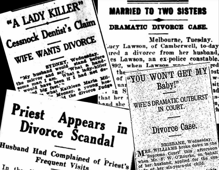 Clippings from historical newspapers on divorce cases