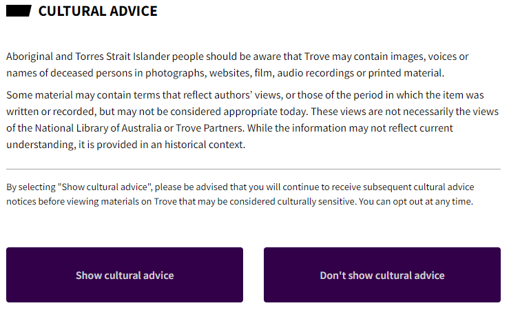 Screenshot of Trove Cultural advice