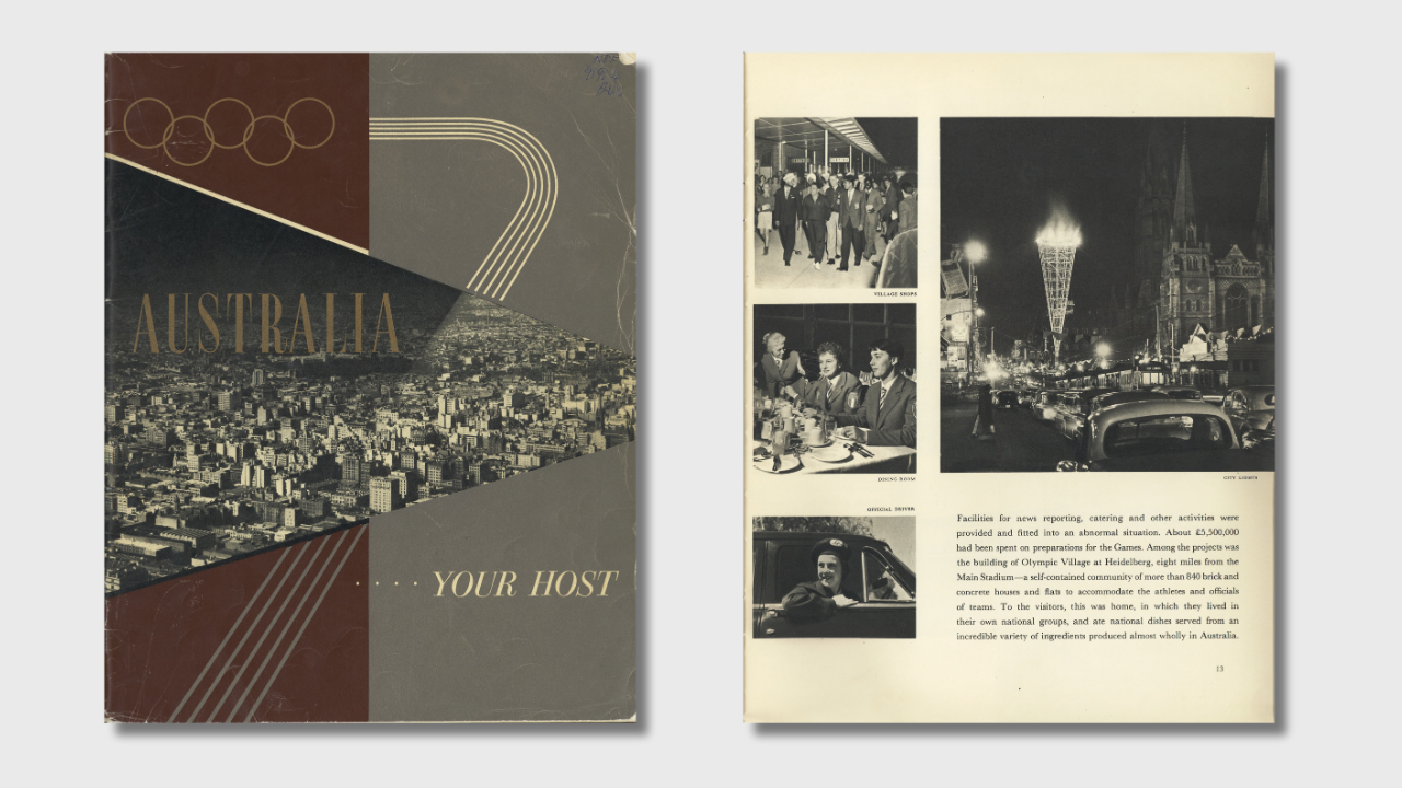 A book cover titled 'Australia - your host.' There is also one internal page from the book showing people enjoying the 1956 Olympic Games in Melbourne.