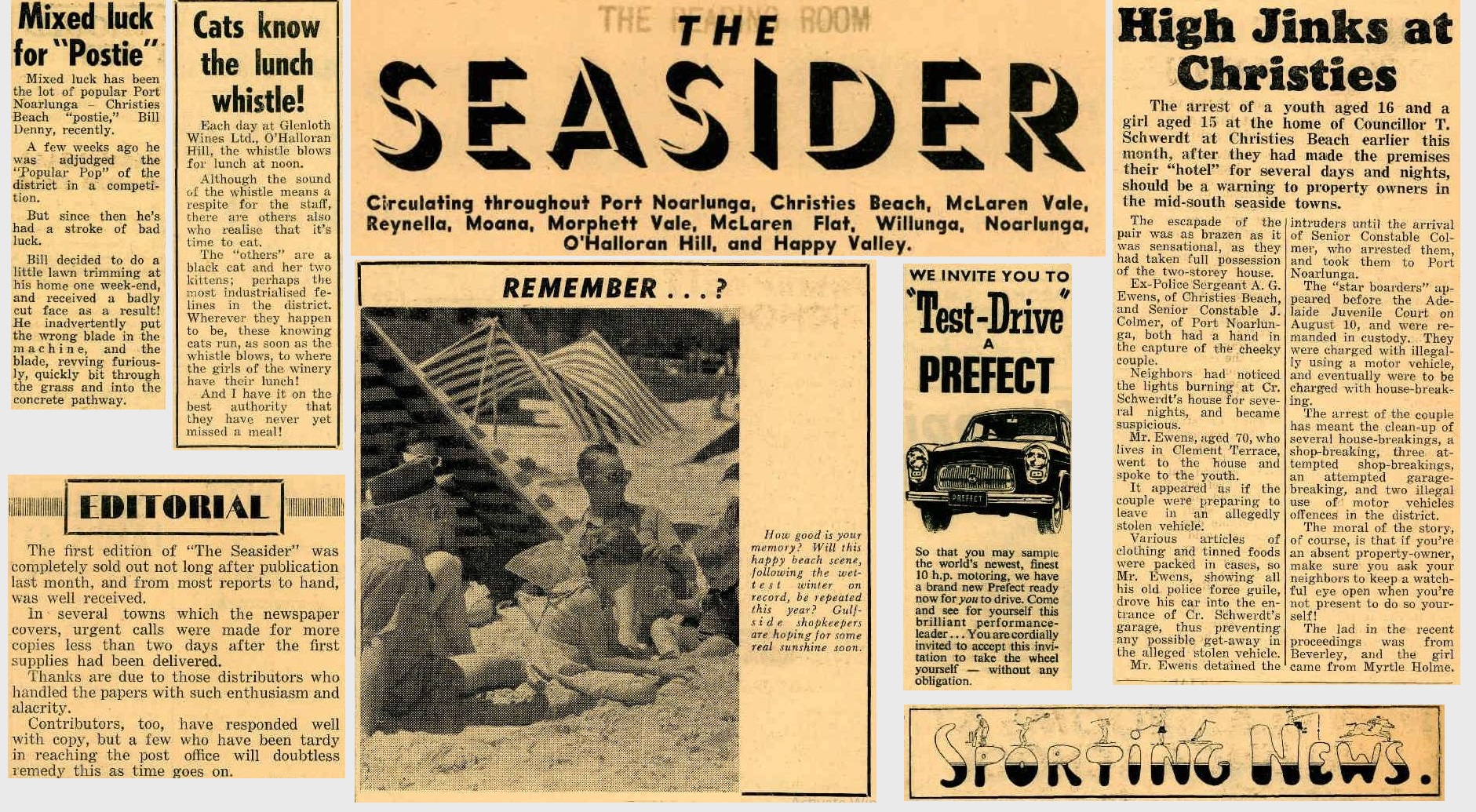 Newspaper clippings from 'The Seasider' showing the newspaper masthead and quirky articles from the first few issues.