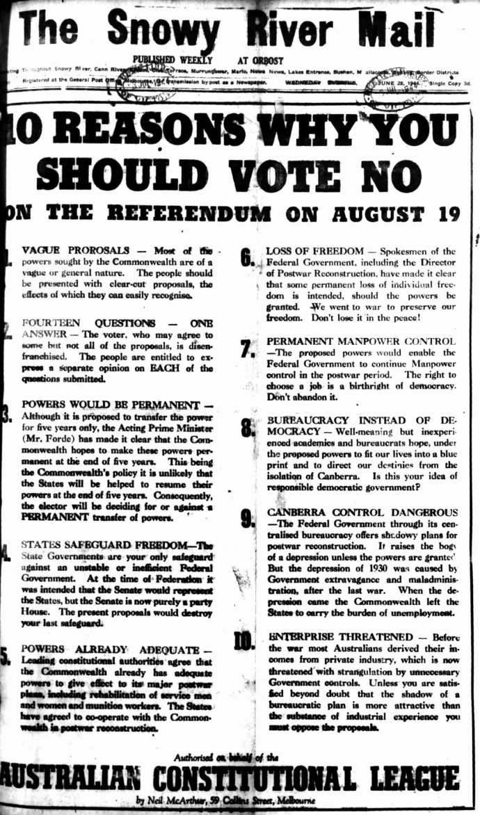 Front Page of the Snowy River Mail on 28 Jun 1944