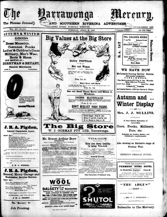 Cover page for the Yarrawonga Mercury, 5th April 1927