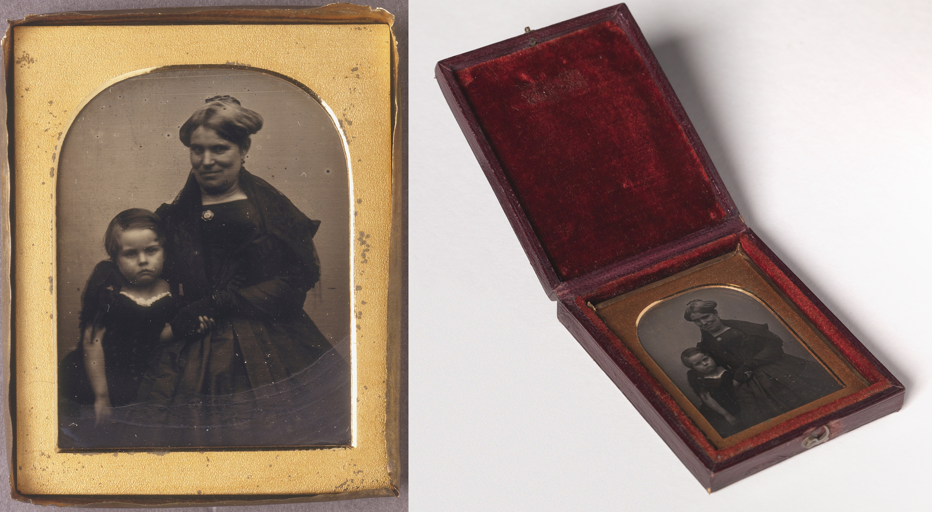 Daguerreotype photo of a woman and little boy. Close up of photo shown alongside image photo in a wooden case