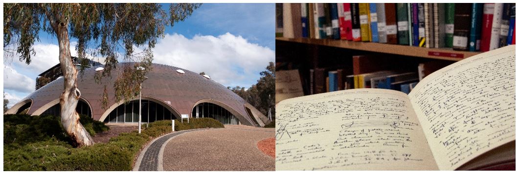 Australian Academy of Science building and photo of one of Frank Fenner's diaries