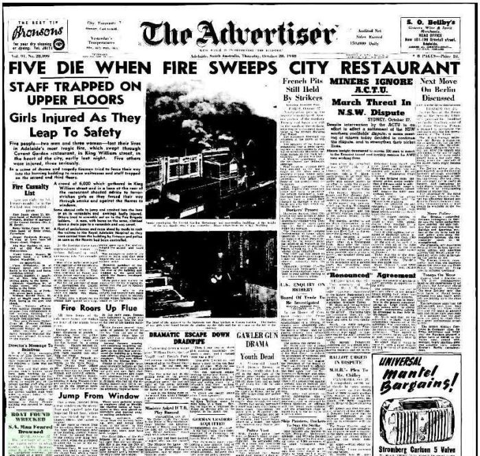 The Advertiser article: "Five die when fire sweeps city restaurant"