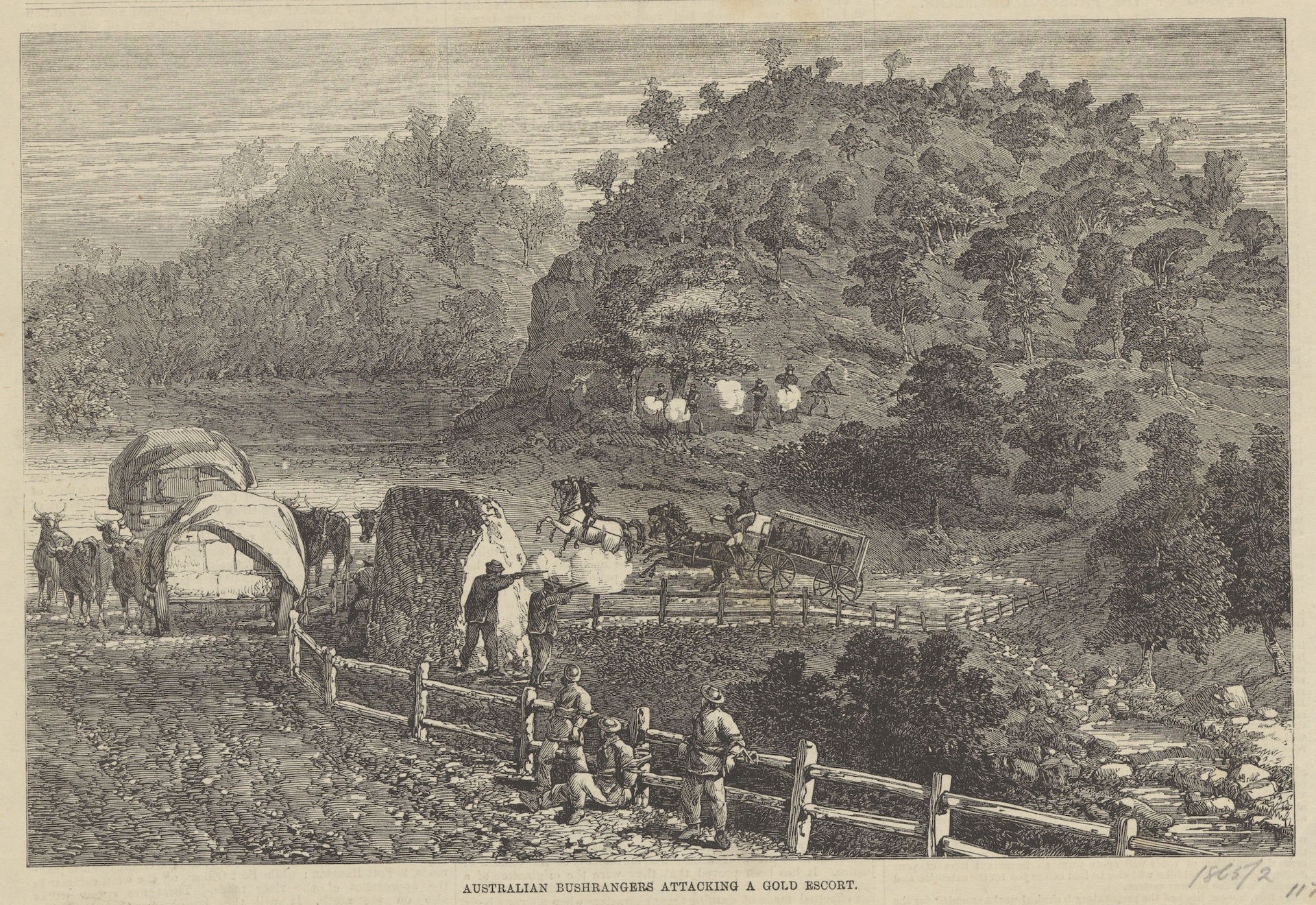 Illustration of a horse-drawn carriage being stopped on a road by men holding guns.