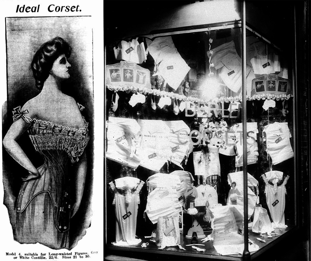 newspaper ad showing illustration of a woman wearing a corset and a photo of a shopfront window with corsets