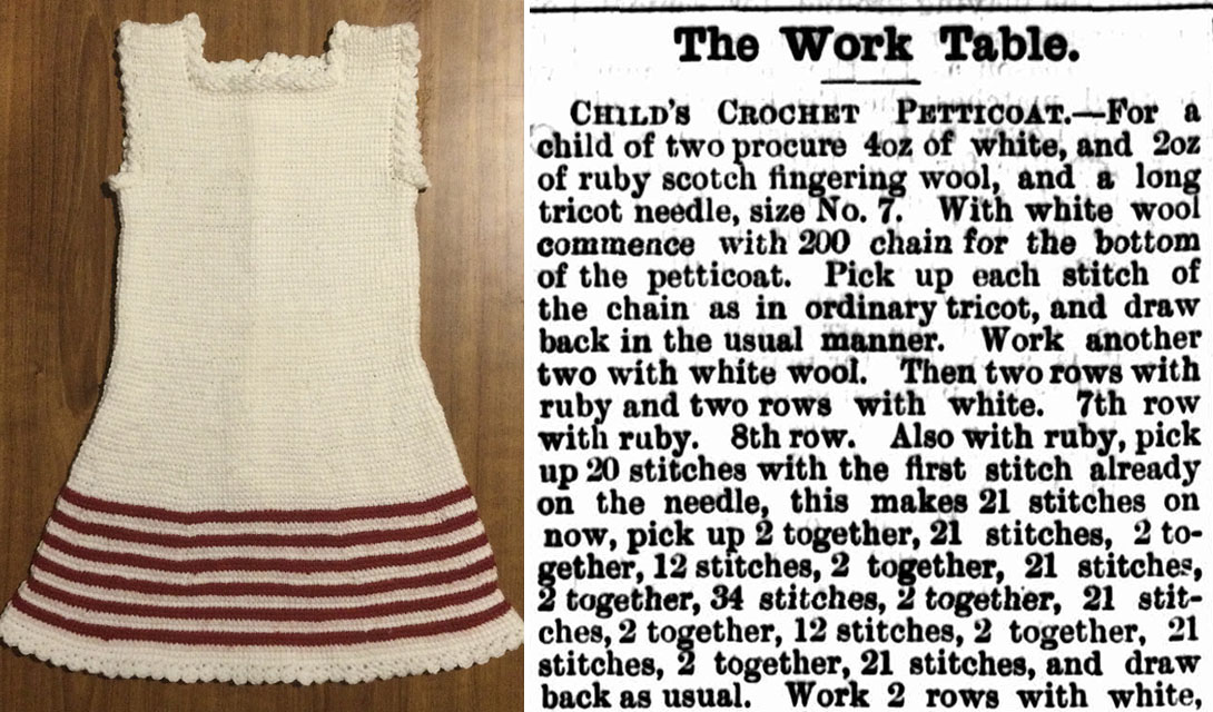 Petticoat crocheted by Katalin Mindum; side-by-side with a snippet of the pattern in a newspaper