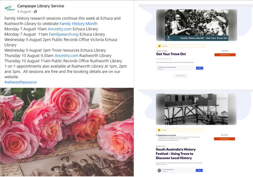 Facbook post and eventbrite listings for the events