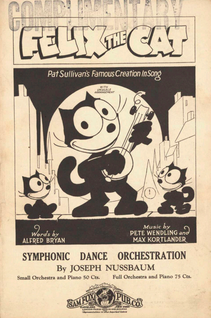 A sepia page with 'felix the cat' in the title, a cartoon of a cat playing a string instrumnet and two cats watching and further text below. 