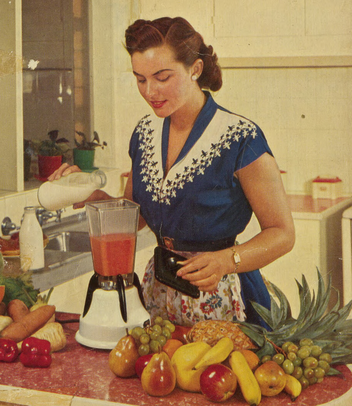 illustration of a women blending fruit in a kitchen, the kitchen bench is full of various fruit