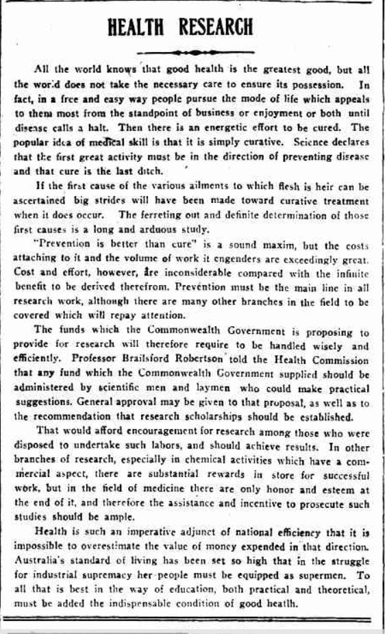 1925 article about health research funding from the News (Adelaide, SA)