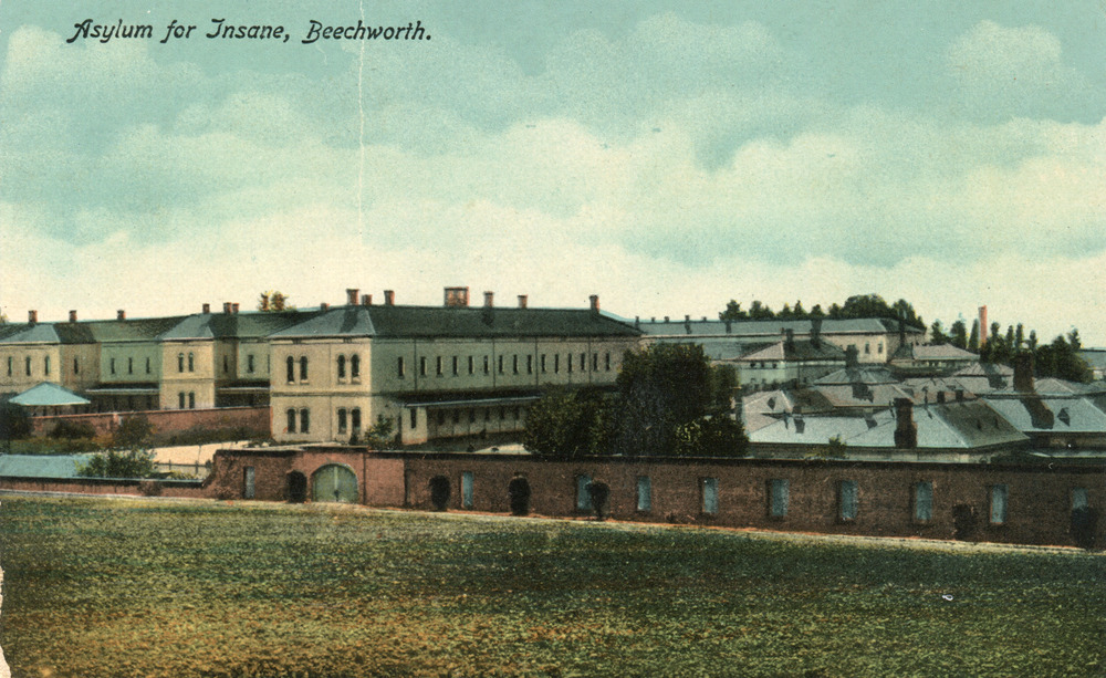 Illustrated postcard of the exterior of the Beechworth Lunatic Asylum.