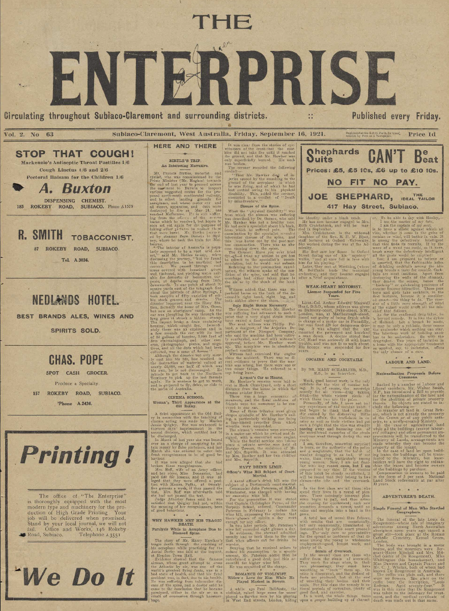 Front page of The Enterprise published on 16 September 1921