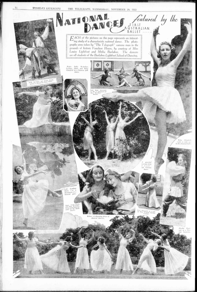 A page from the The Daily Telegraph showing scenes from various dance productions of the Australian Ballet in black and white
