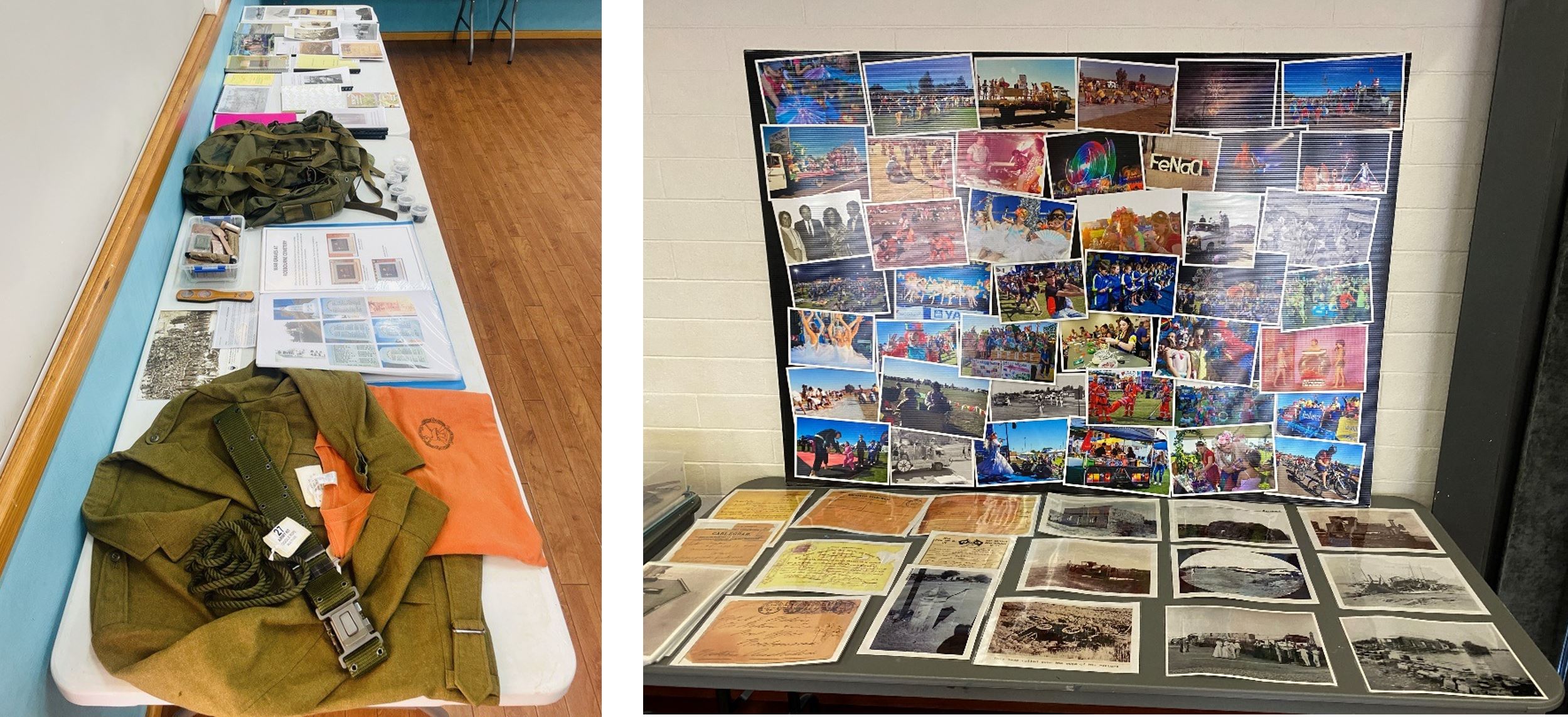 two images next to each other, the left with a table of historical items on display, the right a table and pin board covered in historical images. 