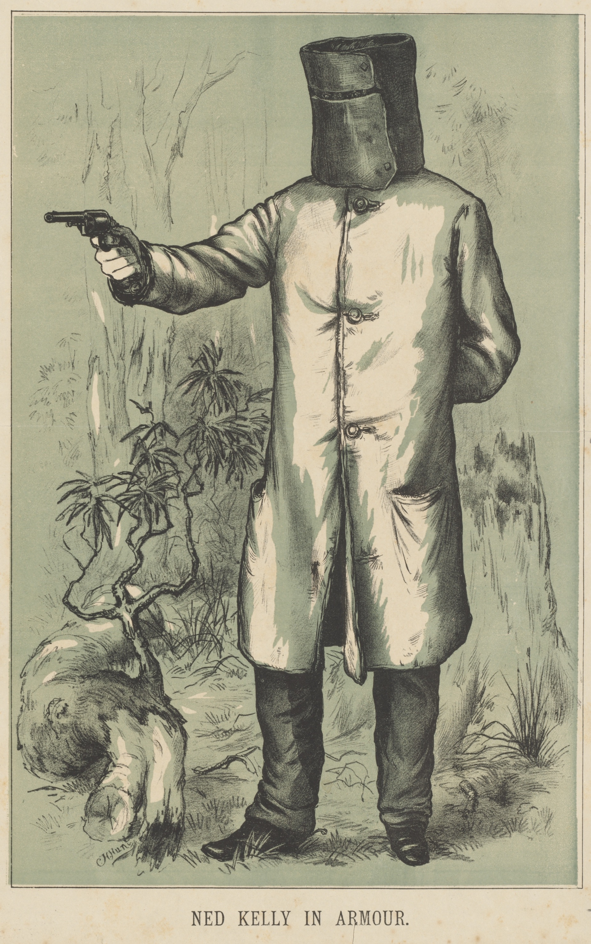 Illustration on a green background of a man wearing a metal helmet, long jacket, pants and boots holding up a gun