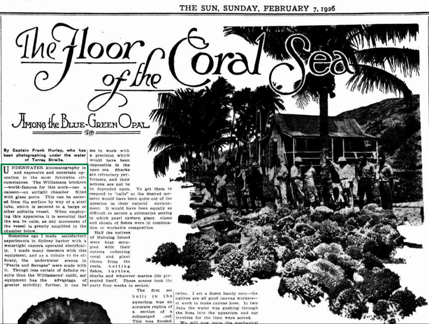 Black and white newspaper article titled The Floor of the Coral Sea published in the Sun newspaper