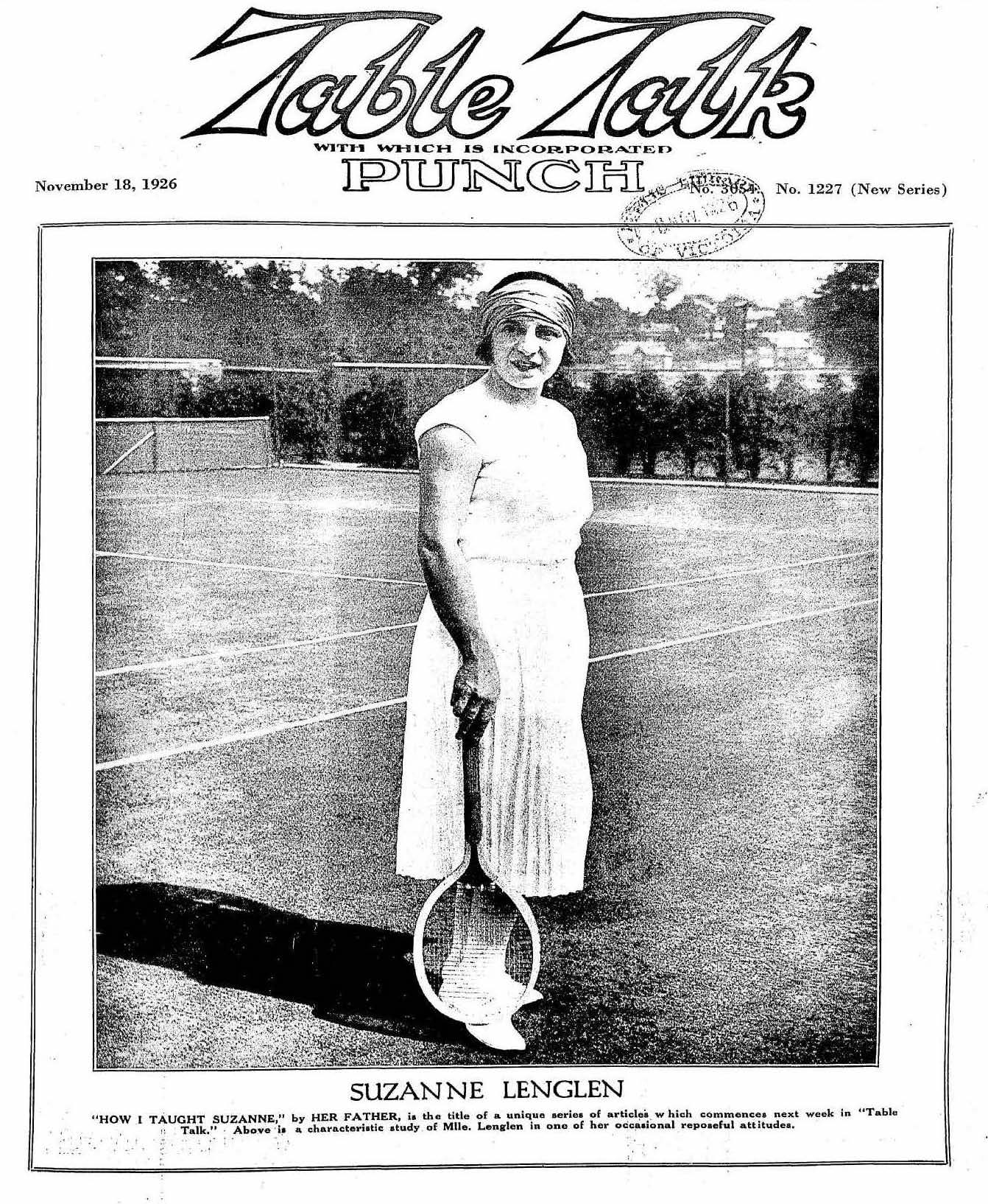 Suzanne Lenglen holding a tennis racket and standing on a court, on the cover of Table Talk
