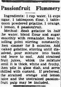 A newspaper clipping for a passionfruit flummery recipe. 