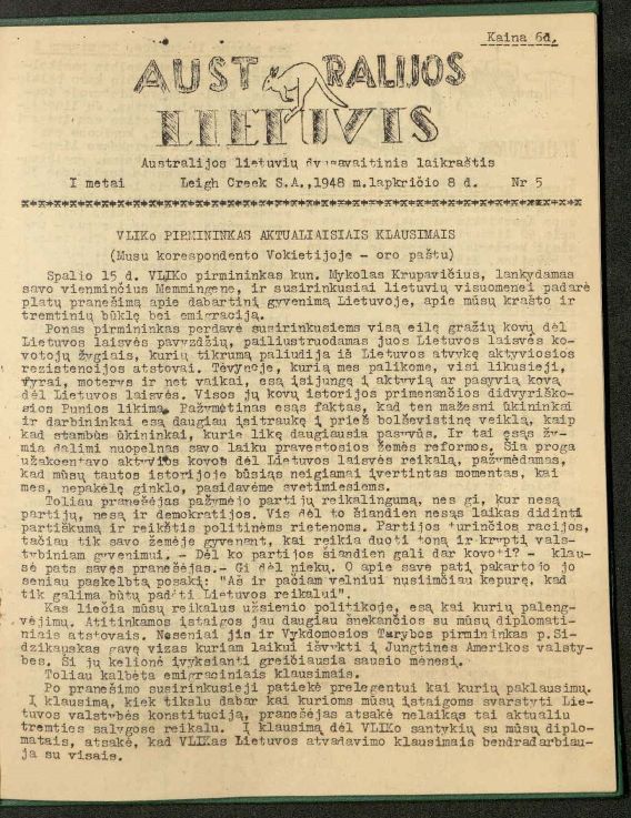 Australijos Lietuvis (The Australian Lithuanian), South Australia, Mon 8 Nov 1948