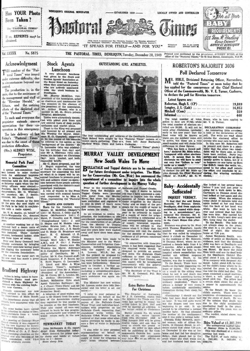 Front page of The Pastoral Times newspaper (South Deniliquin), 20 December 1949