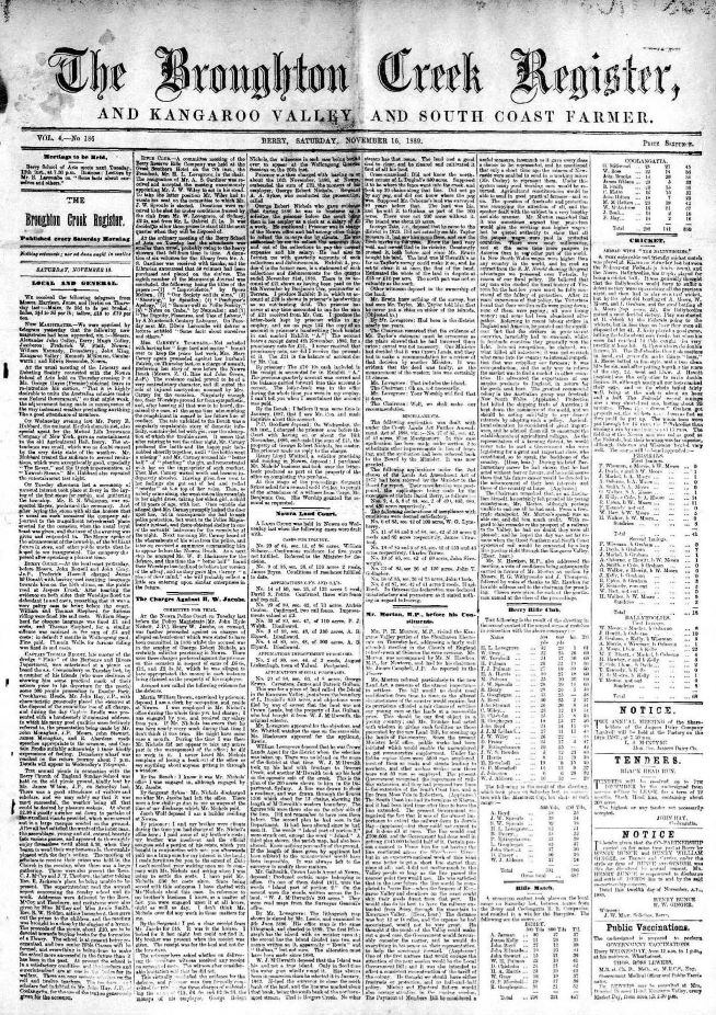 Front page of The Broughton Creek Register, and Kangaroo Valley and South Coast Farmer newspaper (Berry, NSW), 16 Nov 1889